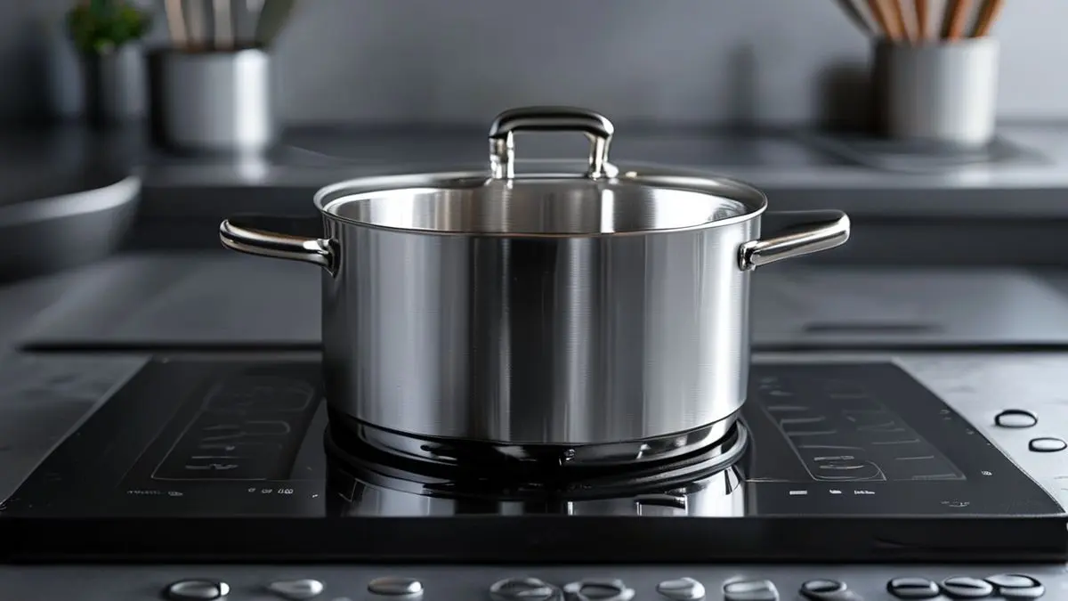 Panela de aço inoxidável para fogão de indução em cozinha moderna com cooktop de vidro