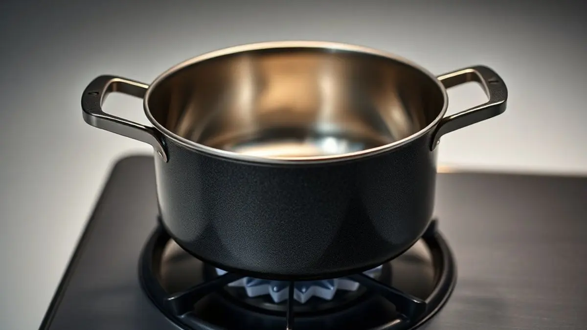 Panela escurecida no fundo sobre queimador de fogão a gás, mostrando problema de fuligem e sujeira na cozinha