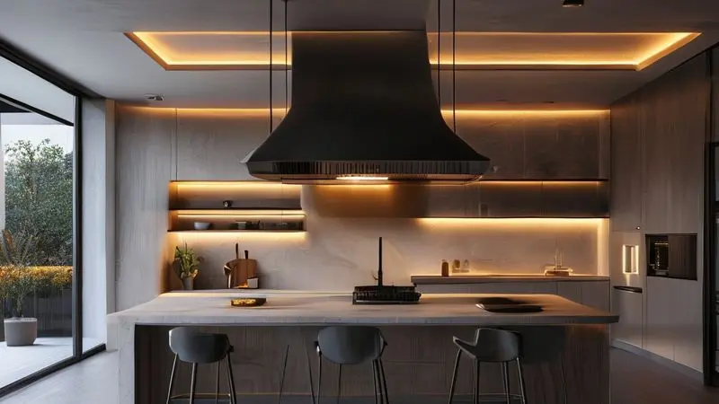 Cena conceitual mostrando exaustor integrado à decoração moderna de cozinha, como elemento de design elegante