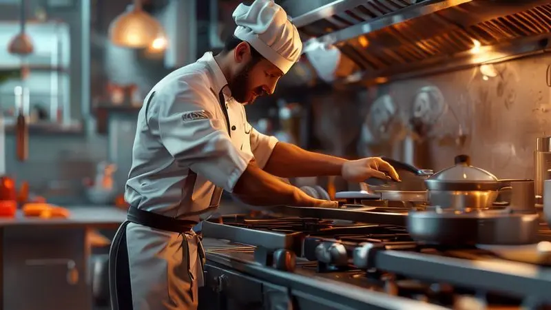 Ilustração de chef profissional ligando fogão industrial com segurança, seguindo procedimentos passo a passo.