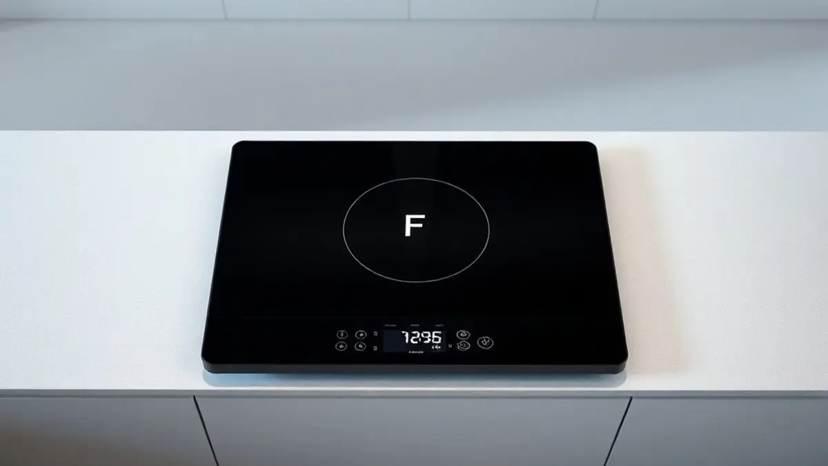 Placa de indução mostrando código de erro F no painel digital, em ambiente de cozinha moderna e minimalista