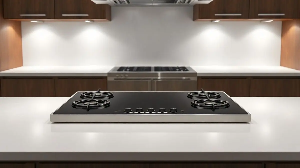 Cooktop em bancada de cozinha moderna com posicionamento estratégico para instalação segura e funcional