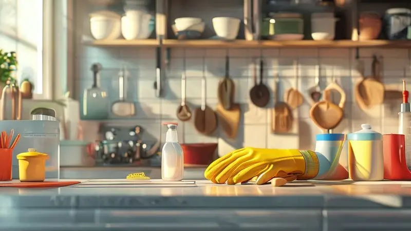 Preparação para limpeza de fogão com luvas e produtos de segurança em cena conceitual.