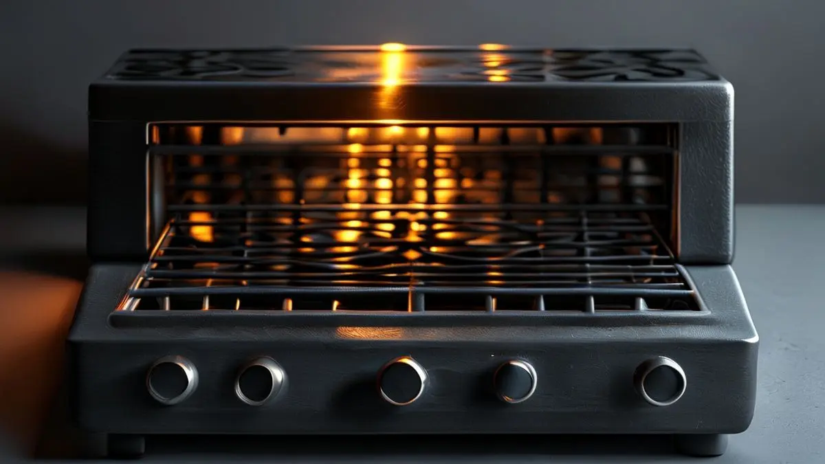 Queimador de forno de fogão a gás entupido em close-up, mostrando detalhes dos orifícios obstruídos e textura metálica