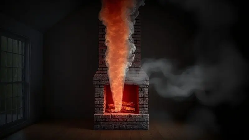 Ilustração conceitual mostrando fumaça vazando de chaminé mal vedada para dentro da casa, demonstrando risco à segurança