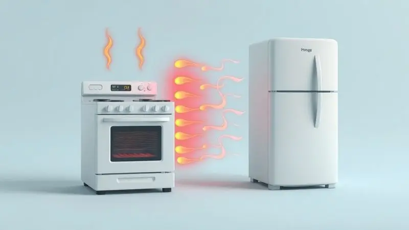 Ilustração conceitual mostrando transferência de calor do fogão para geladeira e riscos de superaquecimento