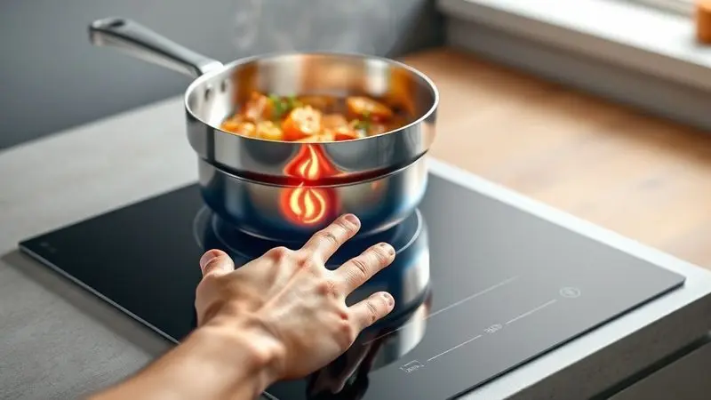 Conceito de segurança do cooktop de indução com superfície fria enquanto panela cozinha por indução magnética