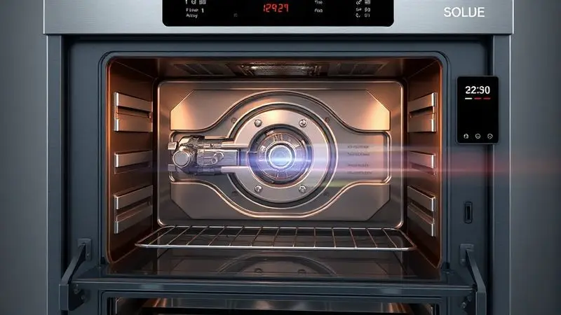 Visualização esquemática de um sistema de trava de segurança de forno mostrando componentes mecânicos e digitais