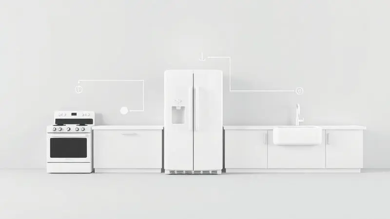 Ilustração conceitual do triângulo de trabalho na cozinha otimizando posição de fogão, geladeira e pia