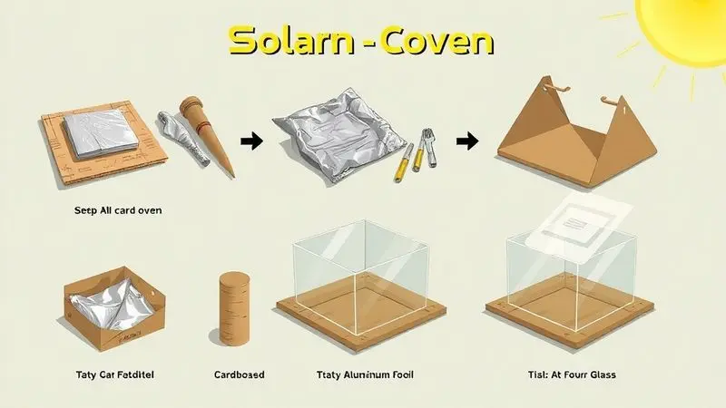 Ilustração passo a passo da construção de um fogão solar caseiro com materiais simples