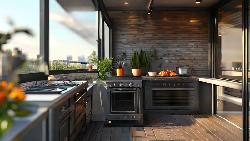 Cena ilustrativa de apartamento moderno com churrasqueira de fogão sendo usada na varanda sem fumaça ou bagunça