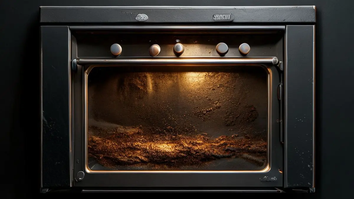 Porta de forno com vidro sujo por gordura queimada em close-up, mostrando resíduos de alimentos e manchas