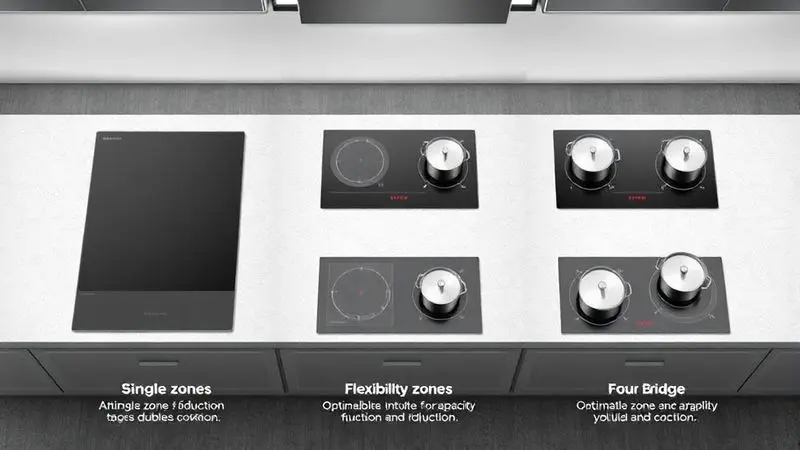 Ilustração conceitual mostrando diferentes configurações de zonas de aquecimento em cooktops por indução.